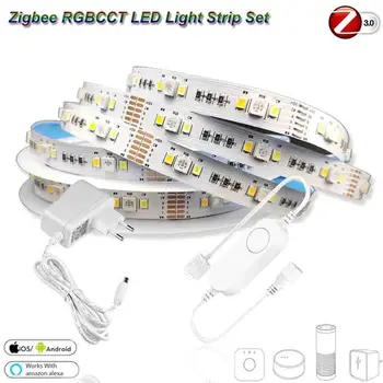 5M DC12V 5050 RGB+PKT 90leds/m LED Strip Gaismas Zigbee RGBCW mini Kontroliera Power Kit Smartthings ZIGBEE 3.0 Hub/e Echo Plus
