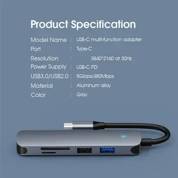 6 1 LED Tipa-C Hub Usb 3.0 Otg Hub 4K 60hz HDMI-saderīgam TF Card Reader For Macbook Pro Air Klēpjdatori, Usb-C, Centrmezgli