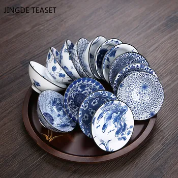 6 gab./daudz Jingdezhen Puses, Krāsotas Zilā un baltā porcelāna Teacup Boutique Keramikas Meistars Tējas Trauks Roku darbs Tējas komplekts Piederumi