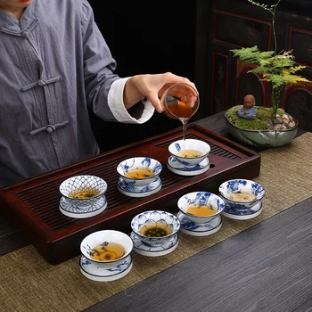 6 gab./daudz Jingdezhen Puses, Krāsotas Zilā un baltā porcelāna Teacup Boutique Keramikas Meistars Tējas Trauks Roku darbs Tējas komplekts Piederumi