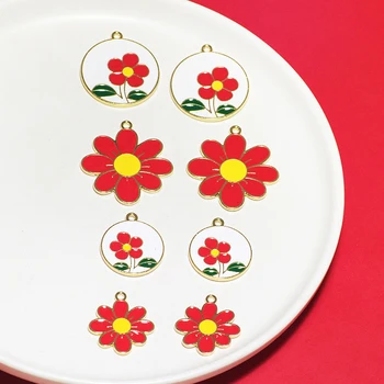 6pcs Jaunu Modes Salds Gudrs Auskari Paziņojumu korejas mazu sarkanu ziedu sakausējuma pilienu apaļu kulonu diy rotaslietas, aksesuāri materiāls