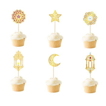 6Pcs Zelta Eid Mubarak Kūka Toppers Moon Star Cupcake Rotājumu Kūka Dekori Deserts Rota Par Ramadāna Puse Rotājumi
