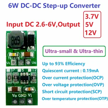 6W Ultra-mazie un Ultra-plānām DC-DC Step-up Konvertors 2.6-6V, lai 3,7 V-5V, 12V Padeves Sprieguma Regulatora Modulis