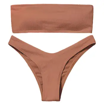 70% Karstā Pārdot Lenta tīrtoņa Krāsu Divi Gabali Strapless High Cut Sieviešu peldkostīms Bikini Komplekts Ūdens Aktivitātes