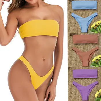 70% Karstā Pārdot Lenta tīrtoņa Krāsu Divi Gabali Strapless High Cut Sieviešu peldkostīms Bikini Komplekts Ūdens Aktivitātes