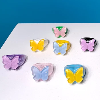 90.gados Estētisko Spīdīgu Sirds Tauriņš Gredzens Sievietēm Akrila Gudrs DIY Vintage Harajuku Candy Krāsas Dzīvnieku Gredzenu Piekariņi Y2K Rotaslietas