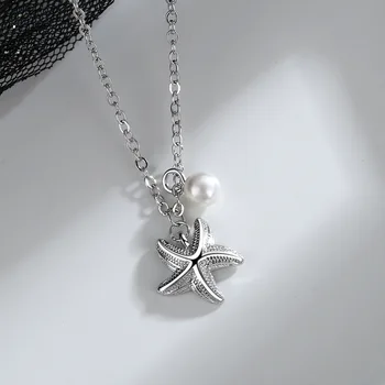 925 Sterling Sudraba Kārtu Pērle Starfish Šarmu Kulons sānslīdi kaklasaite Kaklarota Meiteni Sieviešu Paziņojumu Kāzu Rotaslietas dz584