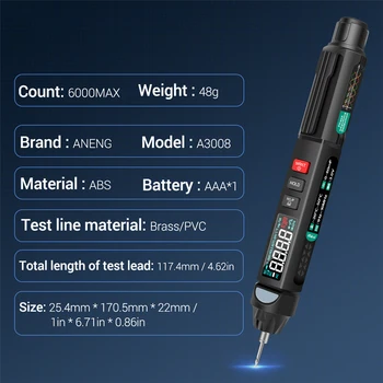 A3008 Profesionālo LCD Ciparu Multimete Pildspalvas Tipa Inteliģents 6000 Skaitu, kas Nav Sazinieties ar Rokas Testeri Rīki 170.5x25.4x22mm
