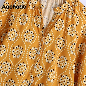 Aachoae Vintage Iespiesti Midi Kleita Sievietēm Laternu Garām Piedurknēm Pusē Sadalīt Krekls, Kleita Sieviešu Zaudēt Gadījuma Kleitas Ir 2021. Vestidos