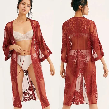 Acs Izšuvumi Beachwear Pārredzamu Pludmales Cover Up Sievietēm Mežģīnes Kimono Peldkostīms Ietver Lady Plus Lieluma Vasaras Jaka