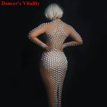 Acs rhinestones Sexy augstas elastības garām piedurknēm Kleita Sieviešu Dziedātājs, Dejotājs Spilgti Bodysuit viengabala Puse Kleitas Sexy 2020