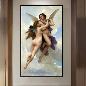 Aestheticism Cupid Un Psihe Bouguereau Kanvas Glezna Viesistabā Mājas Dekoru Mūsdienīga Sienas Māksla, Eļļas Glezna Plakāti Bildes