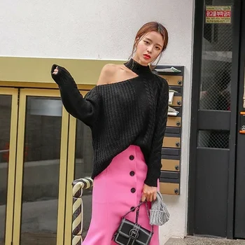 Ailegogo Jaunu 2021 Sieviešu Sexy Džemperi Gadījuma Minimālisma Topi Sexy korejiešu Stilā, Adīšanas Pie Pleca Dāmas Rudens Ziemas
