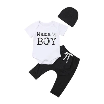 AK 3Pcs Jaundzimušais Zīdainis Bērnu Zēniem Mama ZĒNS Romper Balts T-krekls Topi+Bikses Cepures Sunsuit Tērpiem Vasaras Cēloņu Kokvilna 0-18M