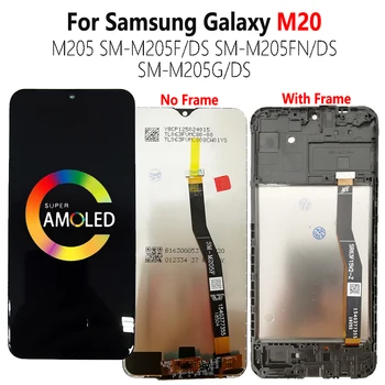 AMOLED LCD + Rāmis SAMSUNG Galaxy M20 M205 Displejs SM-M205F/DS M205G M205FN LCD Ekrānā Pieskarieties Sensora Digitizer Montāža 6.3
