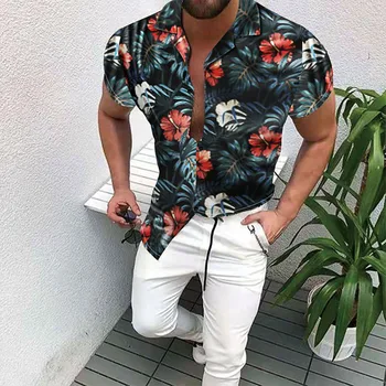 Anglijas Stila Vasaras Iespiests ar Īsām Piedurknēm Krekls Cilvēks Havaju salu Pludmales Ziedu Krekli Vīriešu Casual Slim Pogu uz augšu, Topi, Vīriešu apģērbs