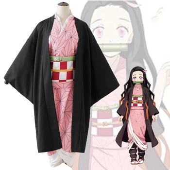 Anime Kimetsu Nav Yaiba Demon Slayer Cosplay Kamado Nezuko Kostīmu Japāņu Kimono Vienotu Apģērbs Mētelis Uzliku Koka Tupelēm Cosplay Parūkas