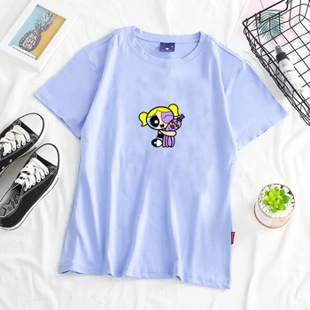 Anime Powerpuff Meitene Sievietes Vasaras Kokvilnas Īso Brīvs T-krekls Kawaii Karikatūra Izdrukāt Modeli Gadījuma Harajuku Grafikas O-veida Kakla Topi