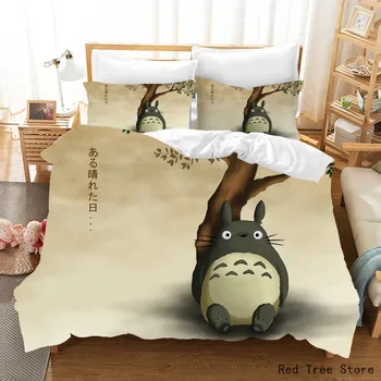 Anime Totoro Gultas Komplekts 3D Drukas Gulta Līnijas Sega sedz Viena Dubultā Lielums Bērni Japānu Multenes Gultasveļa ar 2 Spilvendrāna/3pcs
