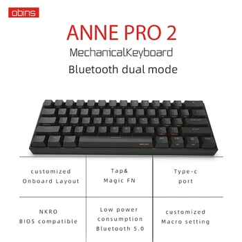 Anne Pro2 multimodālu bezvadu mehāniskā tastatūra bluetooth 5.0 Tips-C vairākas mehāniskās vārpstas spēļu tastatūra, noņemams kabelis