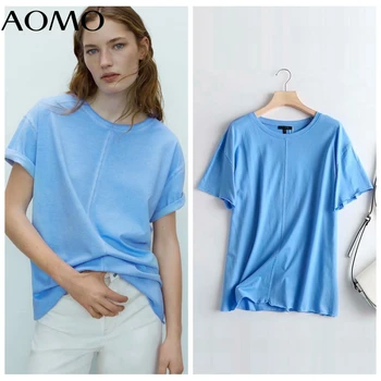 AOMO ir 2021. Sieviešu Zilas Kokvilnas T Krekls ar Īsām Piedurknēm O Kakla Tees Dāmas Gadījuma Tee Kreklu Street Wear Top 4C98A
