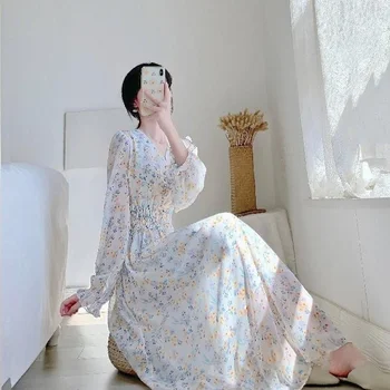 Ar garām Piedurknēm Kleita Sievietes, V-veida kakla Elegants Midi Kleitas Maigu Ziedu Dizaina Šifona Vasaras korejas Modes Mujer Vestidos-line Ins