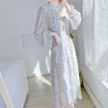 Ar garām Piedurknēm Kleita Sievietes, V-veida kakla Elegants Midi Kleitas Maigu Ziedu Dizaina Šifona Vasaras korejas Modes Mujer Vestidos-line Ins