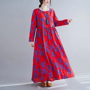 Ar garām piedurknēm kokvilnas veļa vintage ziedu sievietēm gadījuma zaudēt rudens kleitu elegants apģērbs ir 2021. dāmas kleitas
