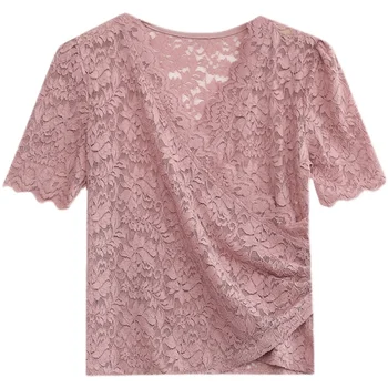 Ar īsām Piedurknēm Mežģīņu T-Krekls Jaunu 2021. Gada Vasaras Modes Gadījuma Dobi No Sieviešu Topi Sexy V-Neck Plus Lieluma tshirt Blusas