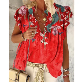 Ar īsām Piedurknēm Sieviešu Topi Beach Izlīdzināšanu Piedurknēm Blūzes Red Vasaras V Kakla Drukāt Krekls Plus Lieluma Brīvdienas Apģērbu Sieviete Blusas
