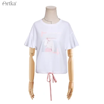 ARTKA 2021. gada Vasarā Jaunā Sieviešu T-krekls Kokvilnas Modes Drukāt O-veida Kakla T-krekls Ruffles Izlīdzināšanu Piedurknēm Baltā T-krekli, Sieviešu TA22114X