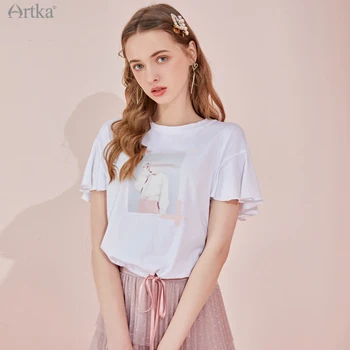 ARTKA 2021. gada Vasarā Jaunā Sieviešu T-krekls Kokvilnas Modes Drukāt O-veida Kakla T-krekls Ruffles Izlīdzināšanu Piedurknēm Baltā T-krekli, Sieviešu TA22114X