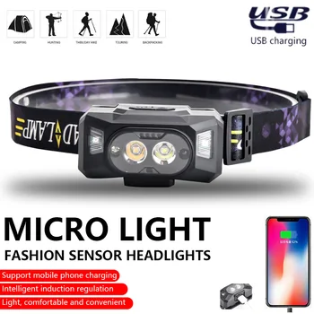Atkārtoti Uzlādējams lukturis LED Lukturu Ķermeņa Kustības Sensors, Galvas Lukturīti Kempings Lāpu Gaismas Lampa Ar USB Iebūvēts Akumulators