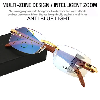 Augstas Kvalitātes inteliģentās tālummaiņas Lasīšanas Brilles Sievietēm, Vīriešiem Multifokāla Anti-zila gaisma bez apmales vecuma tālredzība Brilles Metāla Rāmis 4.0