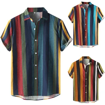 Augstas Kvalitātes Jaunu Vīriešu Krekls Modes Gadījuma Izvēles Svītru Drukāt Īsām Piedurknēm Pogas Turn-down Krekls Camisas Para Hombre 2021