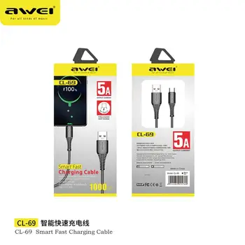 AWEI CL-69 5.A 40W C Tipa Kabeli USB Ātrās Uzlādes Tālrunis, Kabeļu Datu Kabelis USB 1M Mobilo Telefonu Huawei Xiaomi