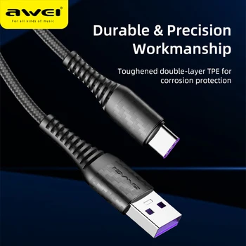 AWEI CL-69 5.A 40W C Tipa Kabeli USB Ātrās Uzlādes Tālrunis, Kabeļu Datu Kabelis USB 1M Mobilo Telefonu Huawei Xiaomi