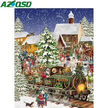 AZQSD 5D Diy Dimanta Krāsošana Santa Klauss, Ziemassvētku Dimanta Izšuvumi Vilcienu Ainavu Svētku Rotājumi Mozaīkas Dāvanu
