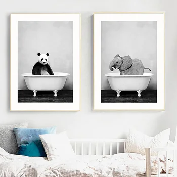 Baby Dzīvniekiem Vannā Audekls Mākslas Plakāti un Drukas Lauva Panda Audekla, Gleznas pie Sienas, lai Bērnu Istabas Dekors Bildes