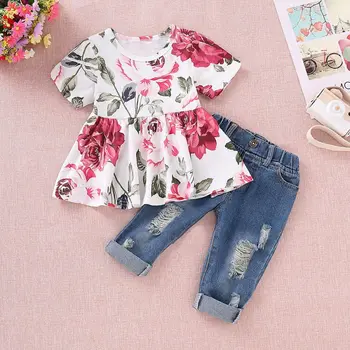 Baby Girl Apģērbu 2gab Toddler Savirmot Apģērbs ar Īsām Piedurknēm Ziedu Krekls, Tops+ Džinsa Bikses Ripped Džinsi Meitenēm Bērnu Komplekti