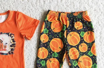 Baby girl vasaras Halloween apelsīnu īsām piedurknēm uzliesmojuši bikses, uzvalks tumši dzeltenu ķirbju drukāt