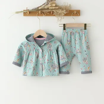 Baby Toddler Meiteņu Drēbes, Uzstādīt Pavasara Ziedu Kokvilnas, Ar Garām Piedurknēm Ar Kapuci Mētelis Topi + Bikses Modes Maz Meitene Apģērbs Apģērbs