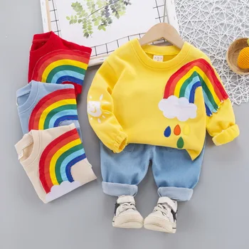 Baby Toddler Zēni Meitenes Apģērbu Komplekts Pavasara Rudens Varavīksne Krekls + Džinsi 2gab Uzvalks zēniem, Bērniem Dzimšanas dienas dāvana