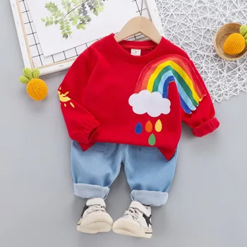 Baby Toddler Zēni Meitenes Apģērbu Komplekts Pavasara Rudens Varavīksne Krekls + Džinsi 2gab Uzvalks zēniem, Bērniem Dzimšanas dienas dāvana