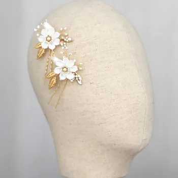 Balto Ziedu Matu Adatas, Līgavas Klipus Zelta Lapu Headpiece Sieviešu Roku Darbs Kāzu Matu Aksesuāri