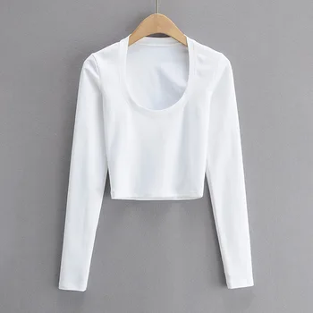Balts melns tops sievietēm 2020. gadam ietilpst krekls ar garām piedurknēm sexy kultūraugu top krekls u kakla trikotāžas kreklus, slim cietā t krekls streetwear sievietēm