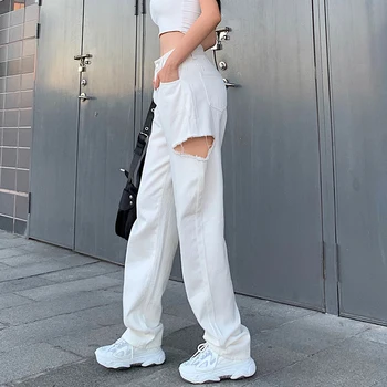Balts Modes Sievietes Caurumu Džinsi Streetwear Augsta Vidukļa Džinsus Vintage Taisni Harajuku Pogu Lidot Džinsa Bikses Kravas Bikses
