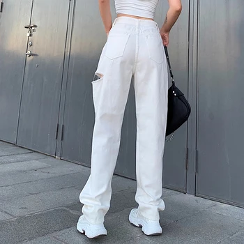 Balts Modes Sievietes Caurumu Džinsi Streetwear Augsta Vidukļa Džinsus Vintage Taisni Harajuku Pogu Lidot Džinsa Bikses Kravas Bikses