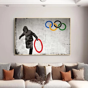 Banksy Mākslas Olimpisko spēļu Gredzeniem Kanvas Glezna Drukāt Grafiti Iela Sienas, Mākslas Plakātu, Dekoratīvo Sienu Attēlu Dzīvojamā Istaba Dekori