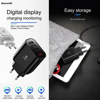 Baseus 3 Porti USB Lādētāja Displejā 3.4 Max Ātrās Uzlādes Sienas Lādētāju, ES Adapteris Lādētājs Mobilo Tālruni Samsung